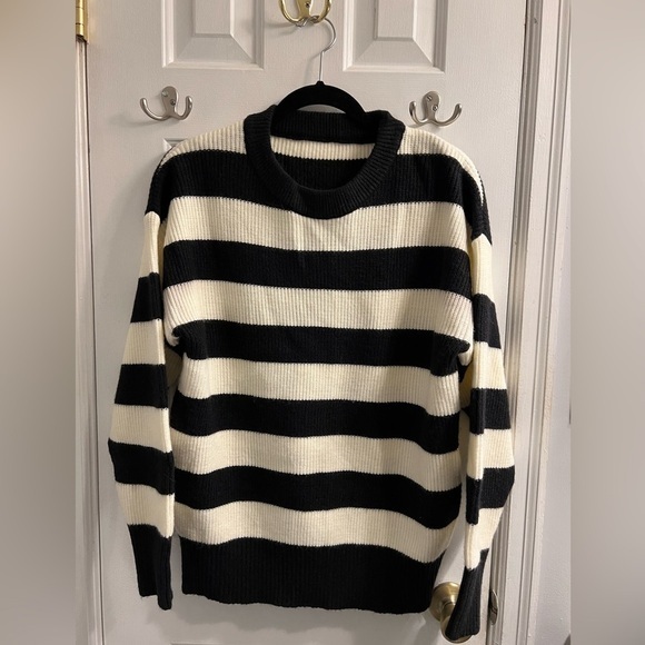 Sweaters - Boutique Beige Cream Striped Sweater Fits L/XL